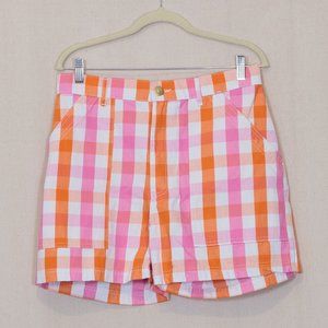 Big Bud Press unisex "Work Pants" shorts, white/pink/orange gingham checker, M